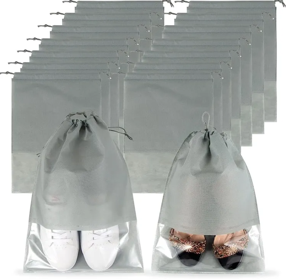 Pack Of 12 Shoe Storage Bags Non Woven PVC Clear Window Travel Shoe Organizer